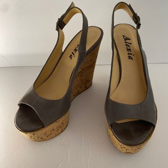 Alexia Leather Slingback On Cork Covered Wedge Heel Gray 38 Made in Italy - Picture 1 of 7